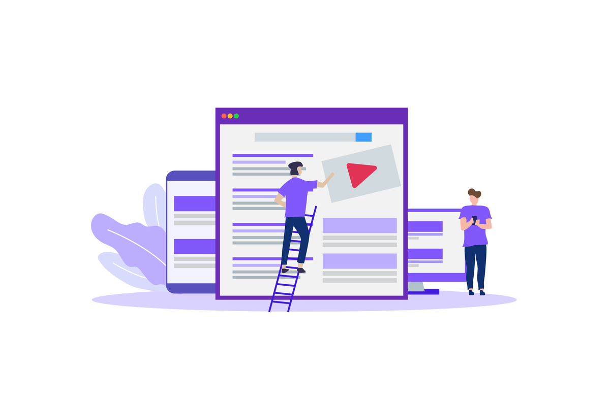 Vector graphic of someone placing a display ad on the side of Google search results