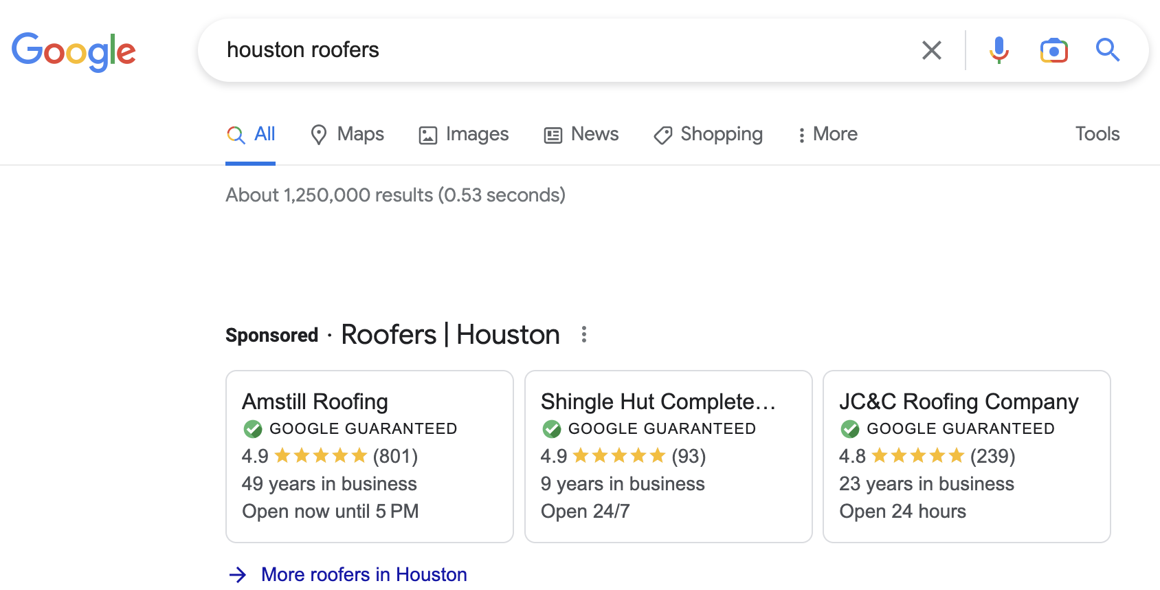 Google search for Houston roofers that shows Google Guaranteed results